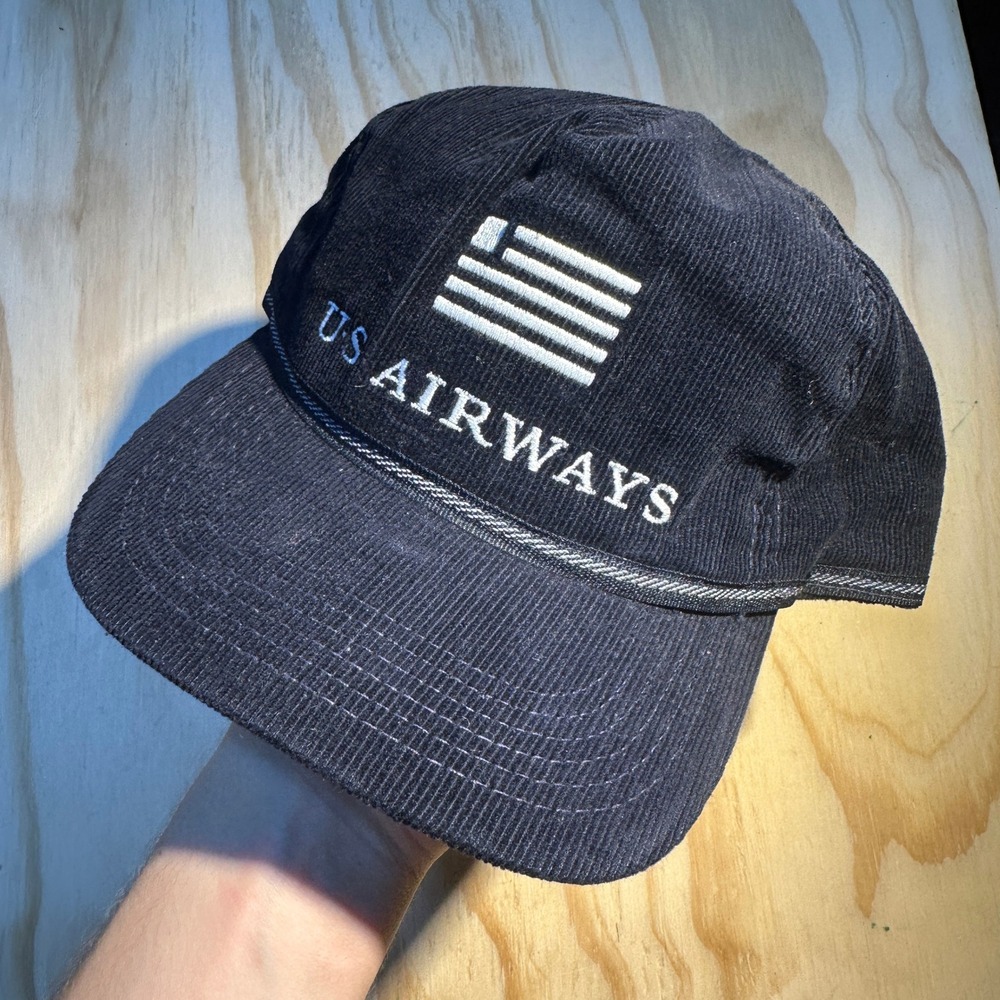 US Airways Navy Blue Corduroy Snapback Hat Rope Detail Vintage Style Cap